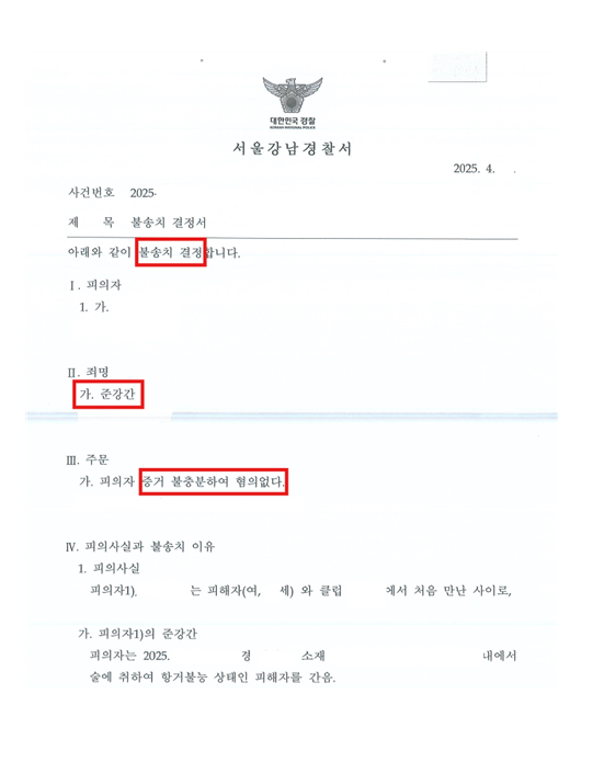 준강간무혐의 결정서