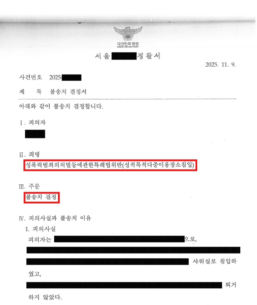 성적목적다중이용장소침입 불송치 무혐의