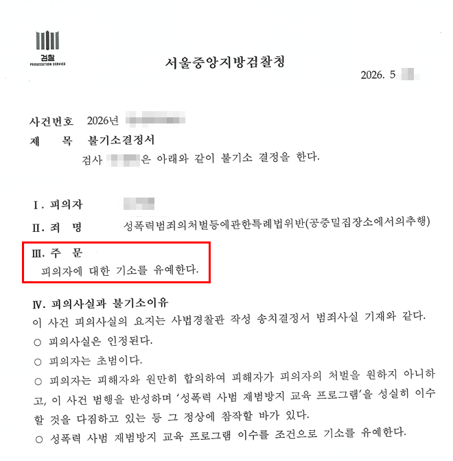 공중밀집장소추행 기소유예