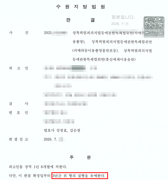 카메라등이용촬영·반포, 통신매체이용음란 집행유예 처분문서